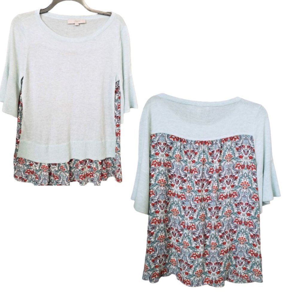 LOFT Light Blue Knit Top with Red & Teal Floral Back Panel